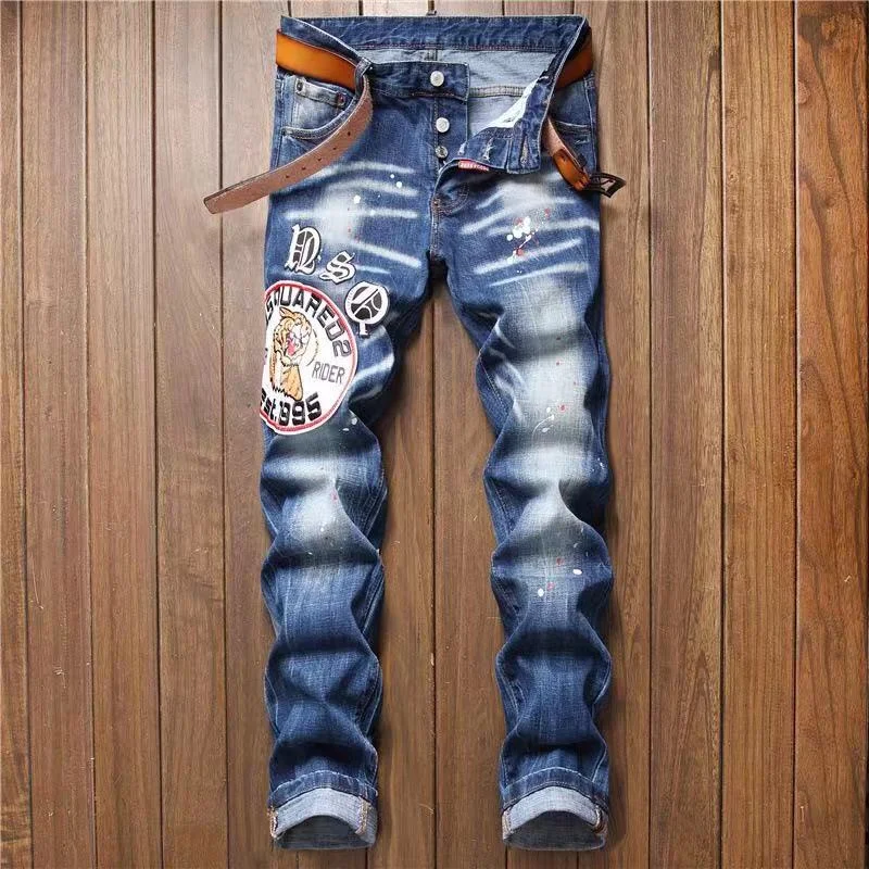 

2021 European and American new style DSQ men's tiger head embroidery jeans Dsquared2 light blue cat whiskers high-end D2 jeans