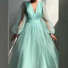 Женское платье, летнее темпераментное платье с v-образным вырезом, тонкое однотонное платье со средней талией и рукавами-фонариками, элегантное платье в стиле принцессы