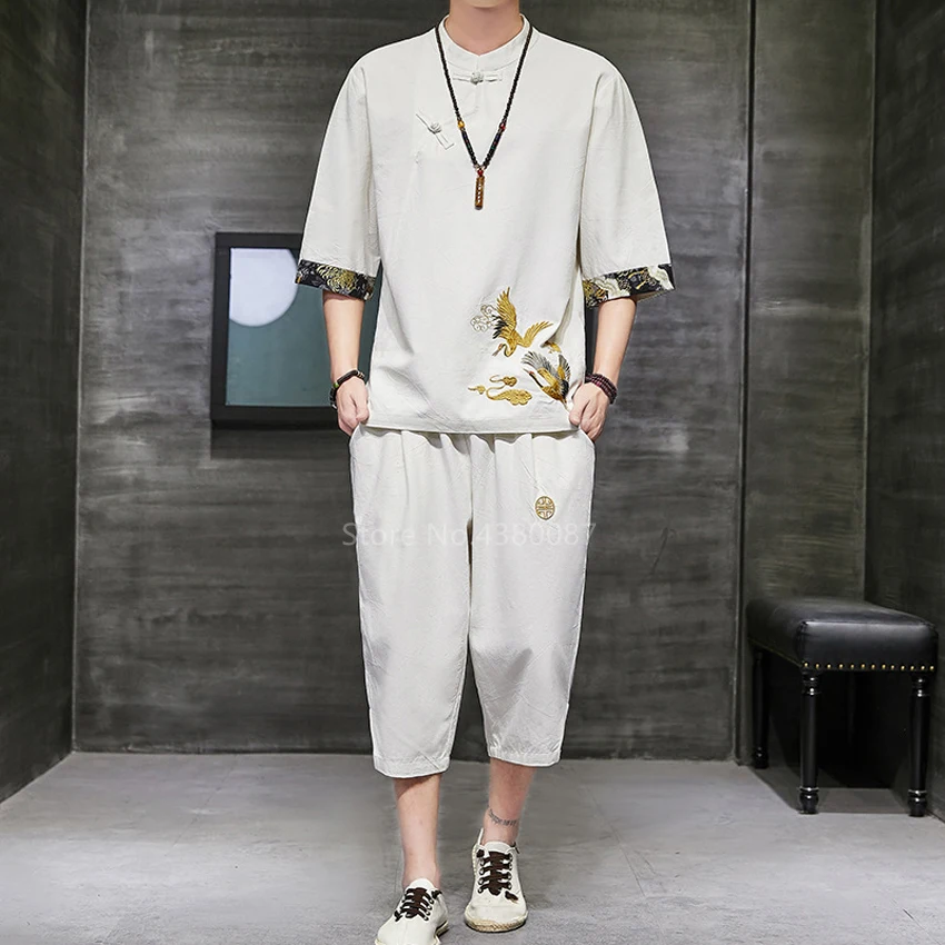 

Summer Men Chinese Linen Tang Suit Pants Set Oriental Kung Fu Suit Traditional Clothing Crane Embroidery Tai Chi Uniform Costume