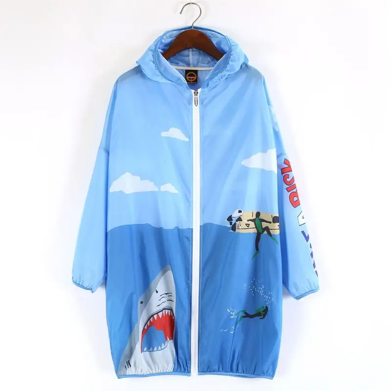 

New Summer Women Coat Sunscreen Ocean Blue Printed Hooded Zipper Long Coat Jacket Outerwear