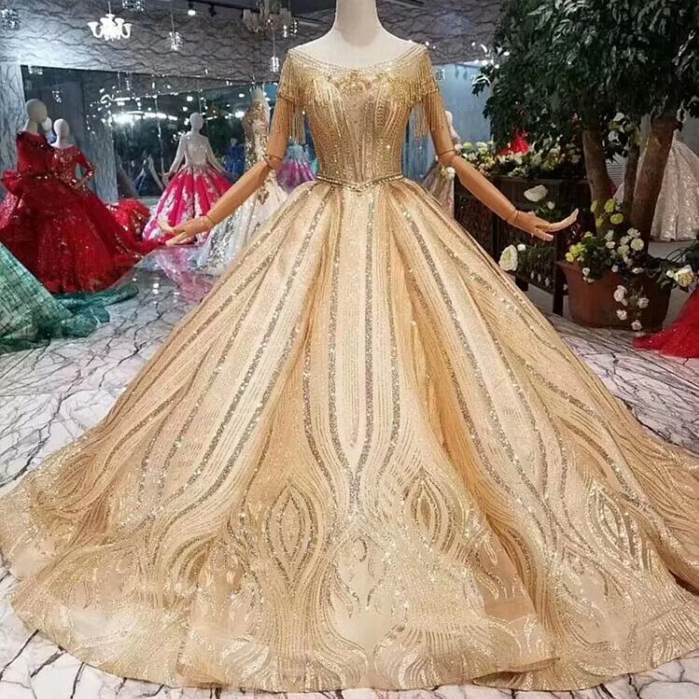 

Роскошное Золотое свадебное платье ручной работы с коротким рукавом, украшенное стразами и вышивкой