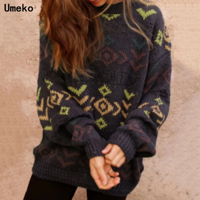 

Umeko Autumn Winter Vintage Retro Knitted Sweater Loose Round Neck Casual Women's Sweater New Fashion Elegant All-match Shipping
