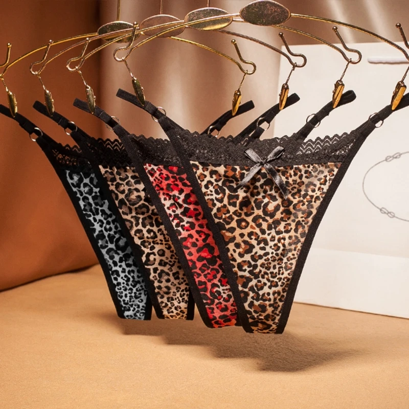 

Womens Sexy Low Rise Leopard Briefs Lingerie Hollow Out Lace Patchwork G-String Underwear Bowknot Front Ultra-Thin Thong