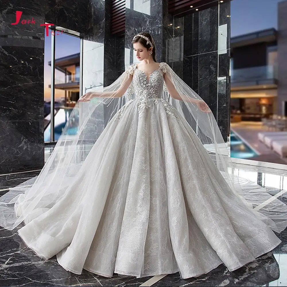 

2021 Robe De Mariee Princesse De Luxe Shiny Beading Sequins Lace Appliques Flowers Luxury Ball Gown Wedding Dress With Shawl