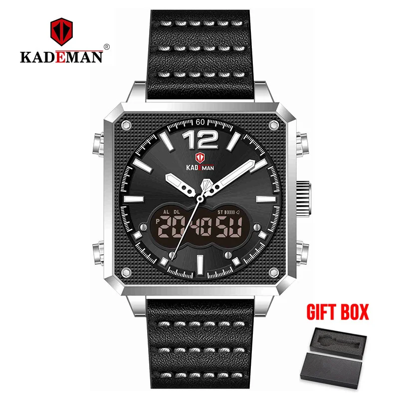 silver black KADEMAN мужские часы спортивные квадратные светодиодный стробоскоп для автомобильной часы водонепроницаемые наружные военные мужские цифровые кожаные Наручные часы Relogio - Цвет: silver black