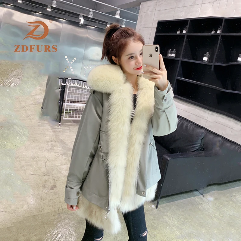 ZDFURS* зимняя куртка женская парка пальто из меха кролика рекс внутренний натуральный Лисий меховой воротник спереди Толстая теплая уличная парка Новинка