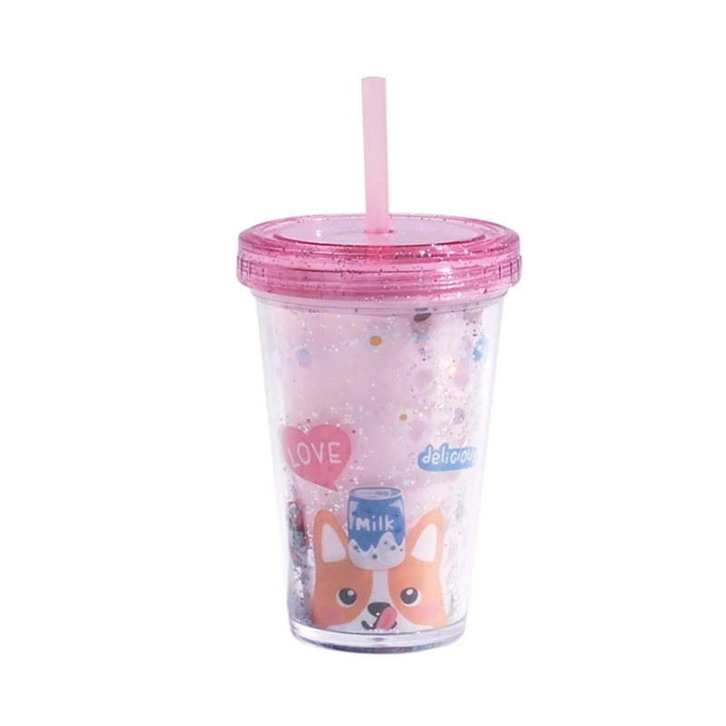 Straw Cup Plastic Food Grade Material with Glitter Powder Decorative Cute Durable Portable Double Wall Water Bottle | Дом и сад