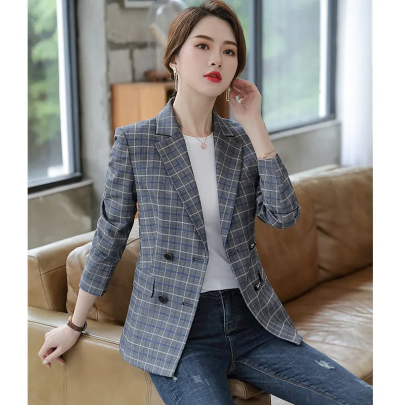 Женский клетчатый пиджак Осенний офисный винтажный с длинным рукавом деловой