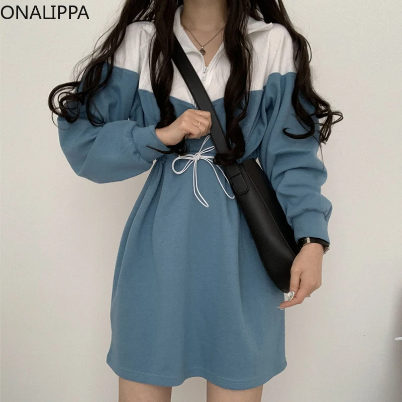 

Onalippa Women Sweatshirt Dress Autumn Casual All Match Lapel Zipper Contrast Color Stitch Drawstr Waist Thin Small Dresses Lady
