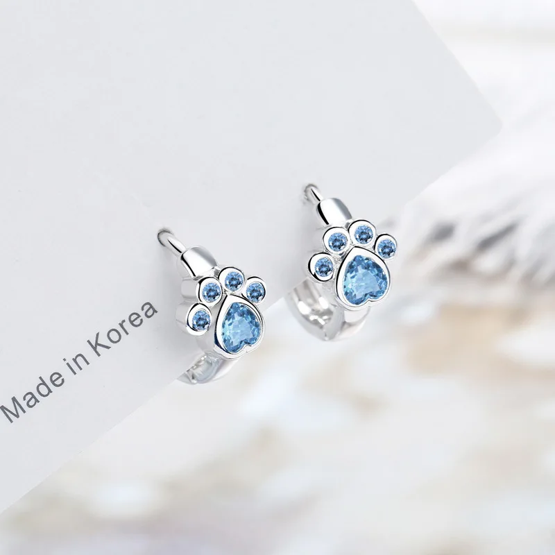 

Silver Color Hoop Earrings Blue Zircon Cat Claw Design Earrings For Women Girl Ear Jewelry 2021 New Fashion Animal Paw Earrings