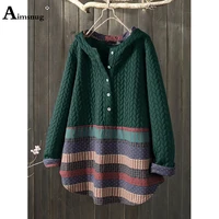 vintage spliced bottons knitted sweaters women hooded top casual pullovers ladies patchwork stripes tops clothing size s 5xl