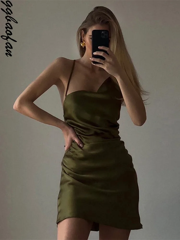 

Элегантное пикантное мини-платье Ggbaofan на бретелях-спагетти с открытой спиной и рюшами, бандажные Клубные платья без рукавов, одежда, платье