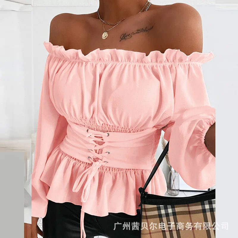 

Autumn Women Solid Off Shoulder Blouse Shirt Sexy Slash Neck Long Sleeve Lace Up Corset Blouses Fall Blusas Mujer De Moda 2021