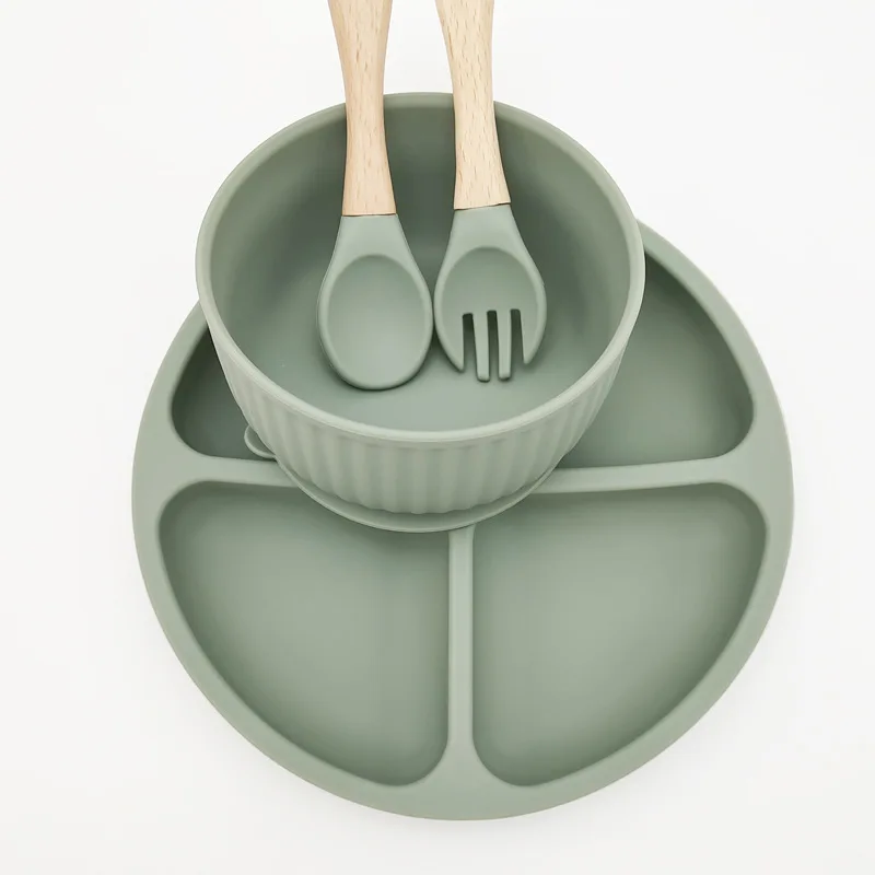 

1set Silicone Baby Feeding Bowl Set Baby Learning Dishes Suction Bowl Set Wood Spoon Non-Slip