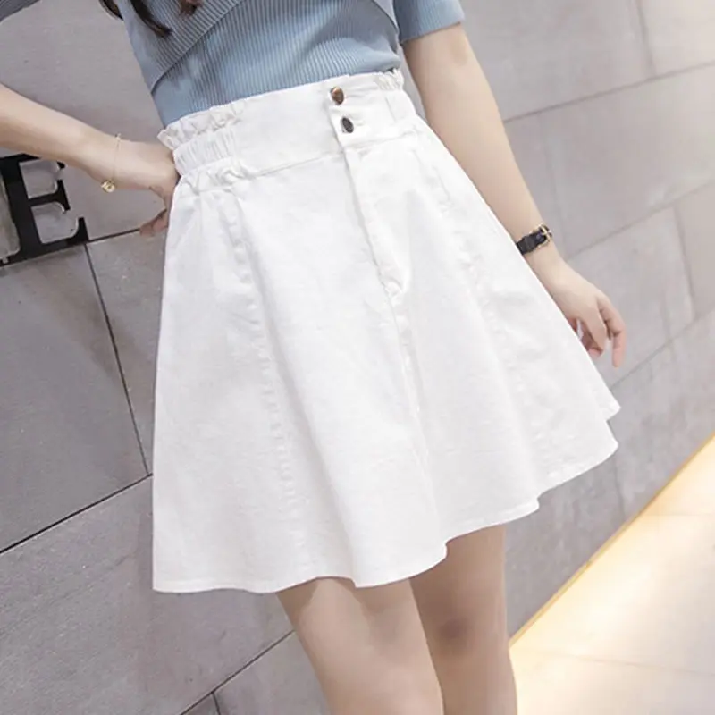 

2021 Summer New Women Casual Solid Color High Waist A-Line Denim Skirts Female Fashion Button Pleated Jeans Mini Skirts W202