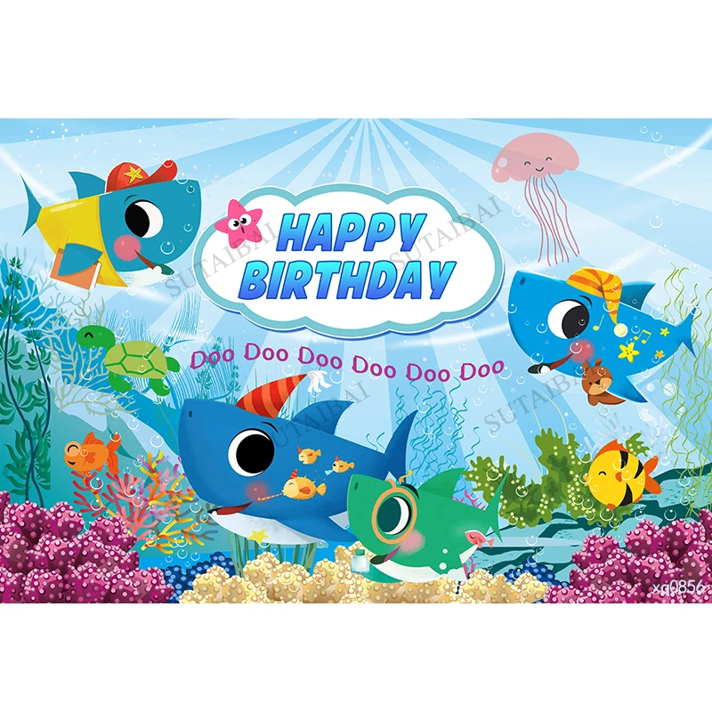 

Cartoon Shark Happy Birthday Theme Photo Backdrop Under The Sea Baby Shower Photocall Background Portrait Photography Studio
