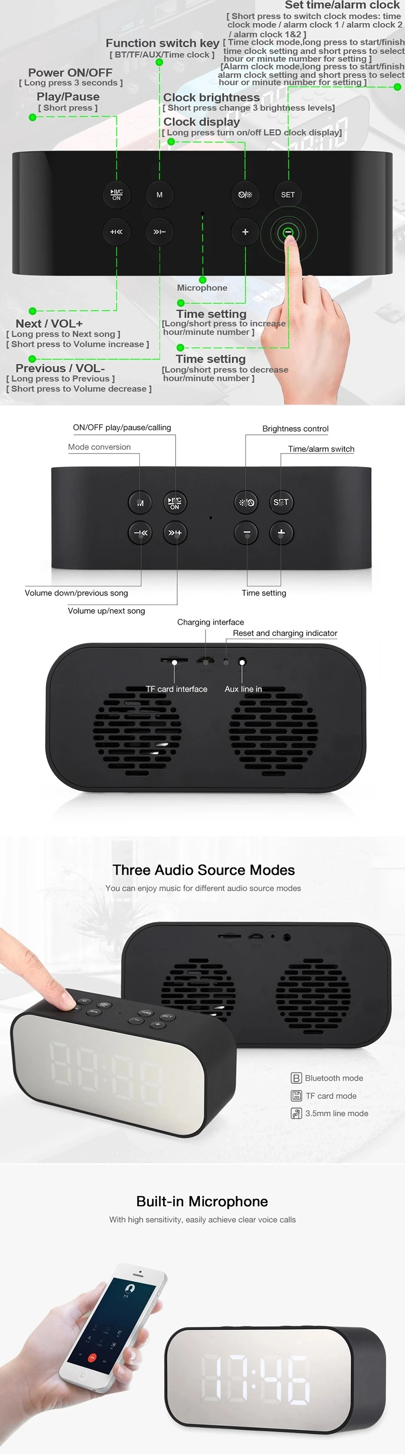 EHUNT портативный мультимедийный bluetooth-динамик, умный настольный светильник, будильник, светодиодный сенсорный светильник, динамик для дома