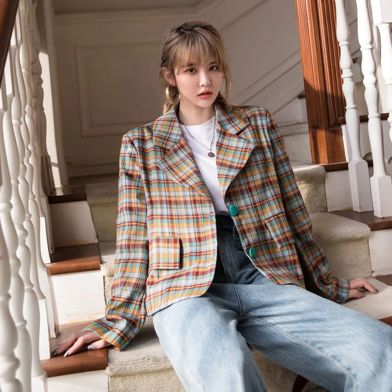 

GALCAUR Hit Color Plaid Short Blazer For Women Notched Collar Long Sleeve Vintage Casual Tops Female 2020 Autumn Fashion Clothes