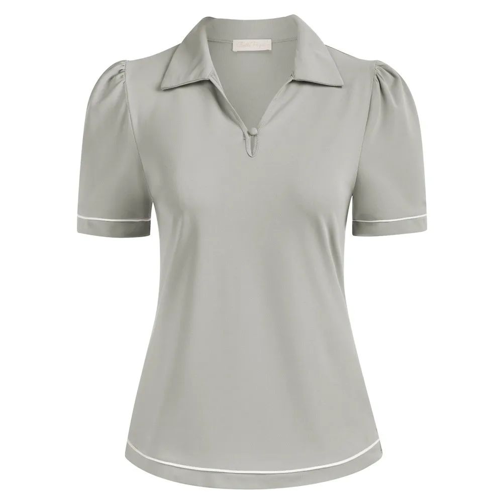 

Belle Poque Short Sleeve Contrasting Color Decoration Collar Top Casual Elastic Stand Collar Ladies Top Lapel Collar