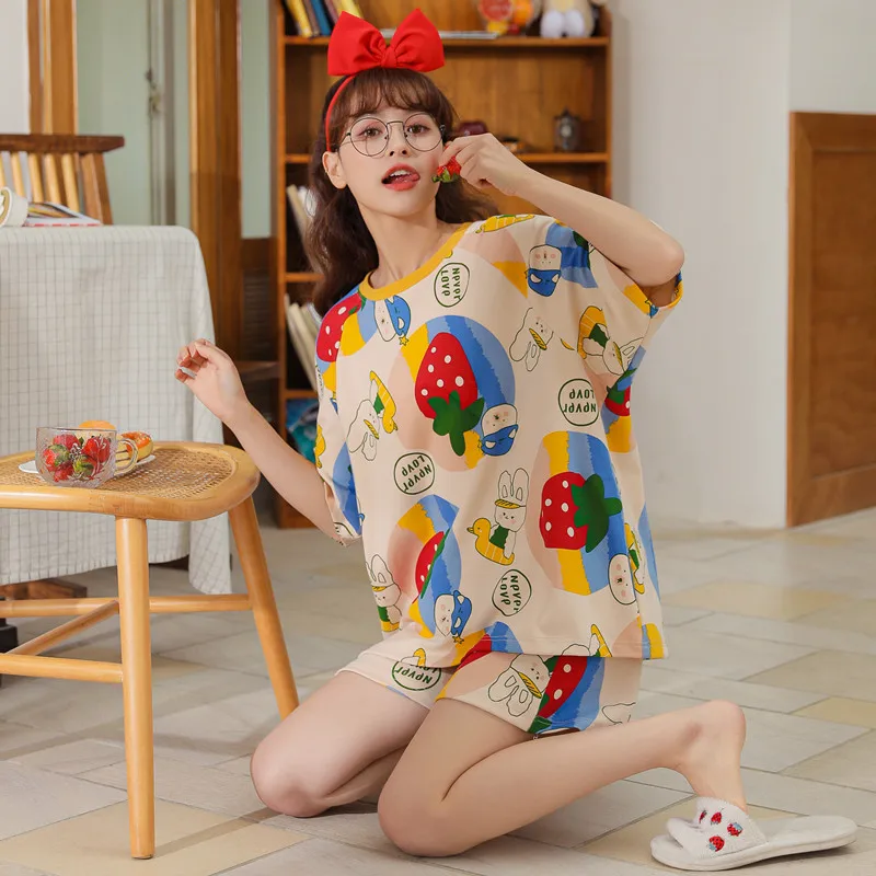 

Красочная Пижама, милый пижамный комплект в виде клубники, одежда для сна, Женская Хлопковая пижама, домашний костюм, мягкая женская пижама
