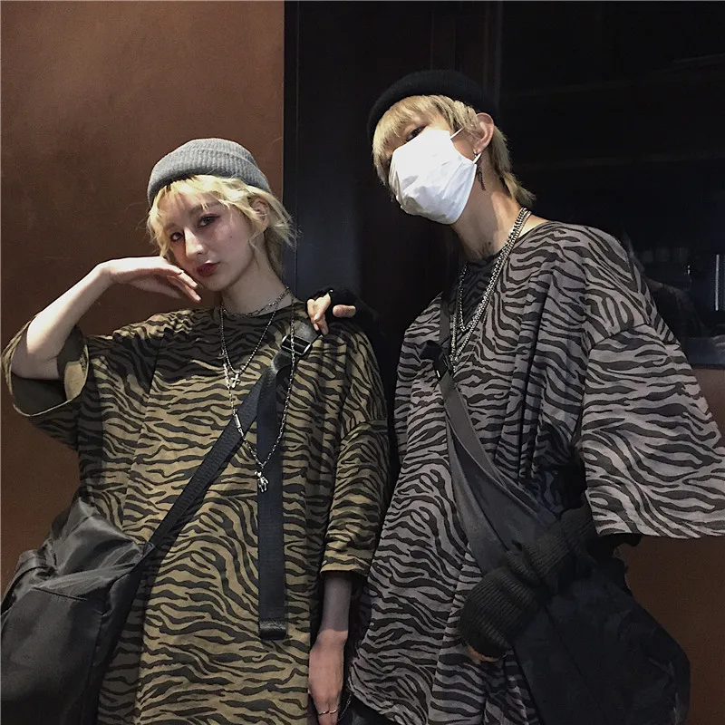 

High Street Leopard Striped Couple T-Shirt Women's Top Unisex Kopp Korean Gothic Punk Clothes For Teenagers Oversized Clothes