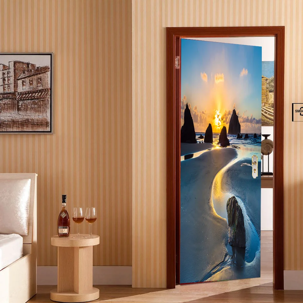 Наклейка на дверь с изображением морского побережья восхода и пейзажа | Дом сад