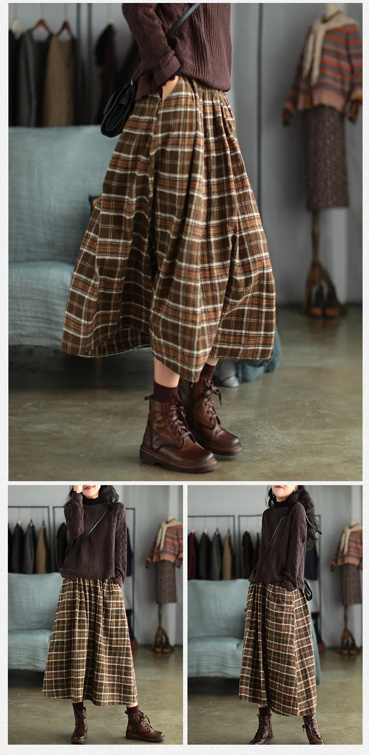 

Ladies New Elastic Waist pocket Plaid Casual Skirt Women Skirt Autumn Winter Retro Loose All-match Tops
