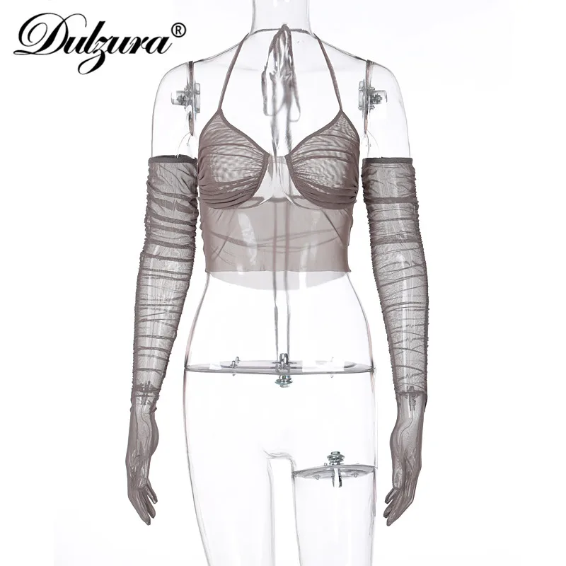 

Dulzura Mesh Patchwork Women Laters Crop Top Gloves Ruched Bodycon Sexy See Through Sheer Party Club Streetwear 2021 Summer