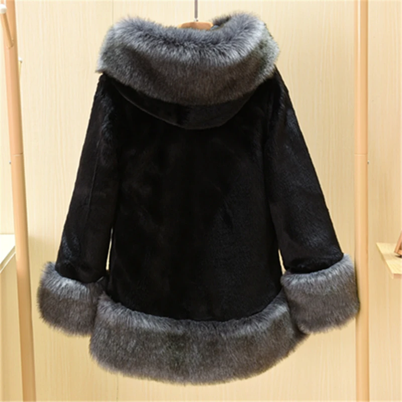 2023 New Winter Imitation Fur Imitation Fox Fur Collar Whole Mink Mid-length Fashion Mink Fur Hooded Jacket Women Wide-waisted