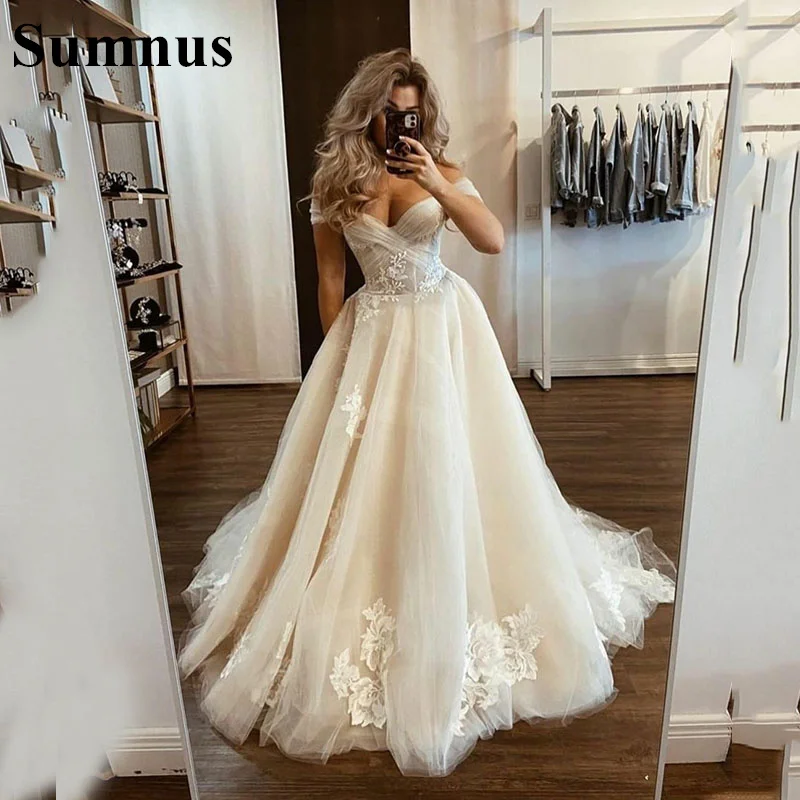 

Sumnus Bohemian Princess Wedding Dress Ivory Lace Appliques Tulle Off Shoulder Custom Made Bridal Gowns Ivory Boho Wedding Gown