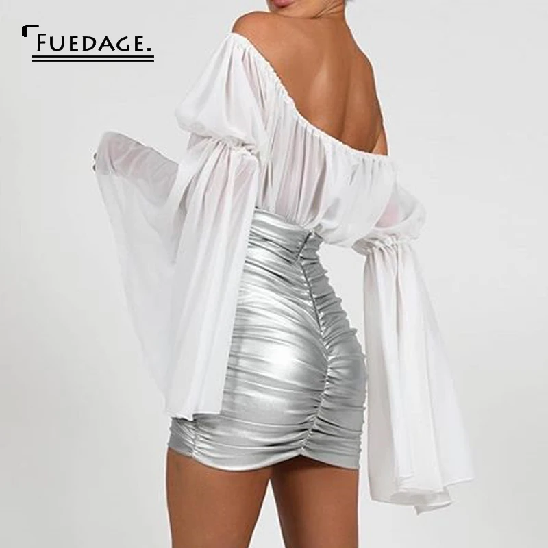 Fuedage, Осеннее шифоновое сексуальное платье из искусственной кожи, женские Лоскутные Платья с расклешенными рукавами и вырезом лодочкой, облегающие платья с рюшами, Клубные вечерние платья мини Vestidos