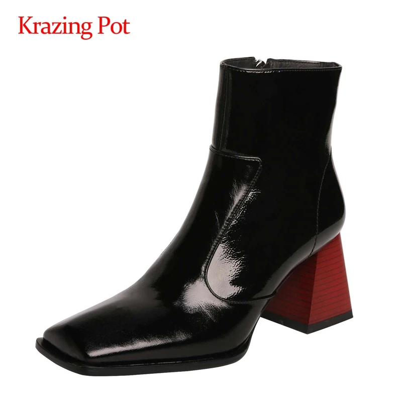 

Krazing pot genuine leather superstar modern streetwear square toe thick high heel zipper beauty girls gorgeous ankle boots L25