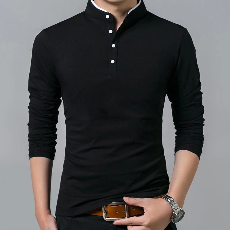 T-Shirt Men Cotton T Shirt Full Sleeve tshirt Men Solid Color T-shirts tops&tees Mandarin Collar Long Shirt