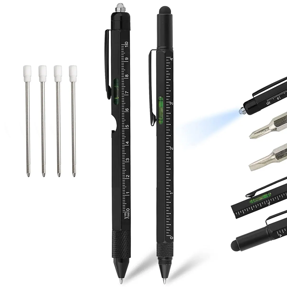 

2Pcs Multi Tool Pen All In 1 Ballpoint Pen W/ Ruler Level Flat Head Screwdriver Touch Screen Bottle Opener Pocket Multitool Pen