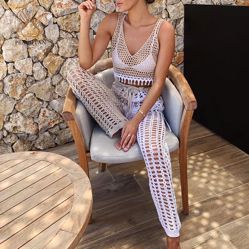 

Пикантный вязаный купальник Peachtan, накидки, женские пляжные брюки с вырезами 2020, летний купальный костюм, пляжная одежда, бикини, низ и верх