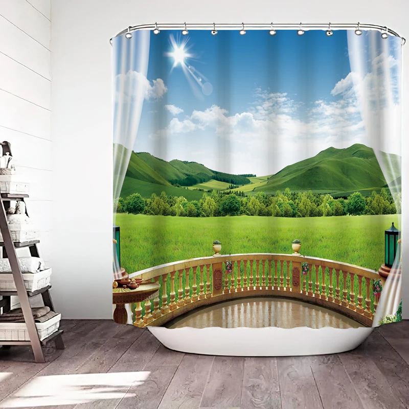 

Scenery Outside The Window 3D Printing Bath Shower Curtain Landscape Bath Curtain With Hook Bathroom Waterproof Mildew Proof