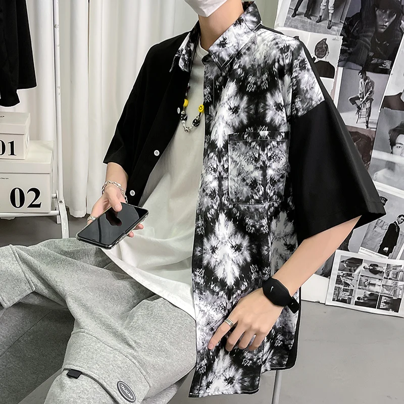 

Streetwear Shirt Men Short sleeve Shirts Loose Summer Fashion Casual Splicing Shirt Mens Tops Clothes 2021 New Hip hop