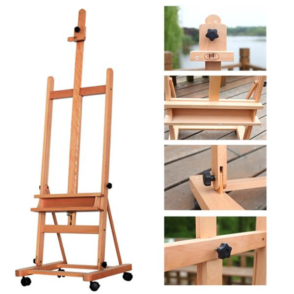 

DHJ-02 Oil Painting Easel Exhibition Stand H Frame 360-Degree Spinner Wheel Red Beech Wood Rolling Easel Poster Display Painting