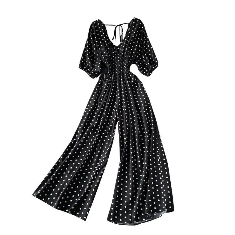 

Женский комбинезон с широкими штанинами, кружевной комбинезон с V-образным вырезом, высокой талией и коротким рукавом, весна 2021