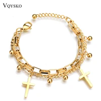 fashion stainless steel cross charms bracelets for women gold color beads chain bracelet religious rosary jewelry