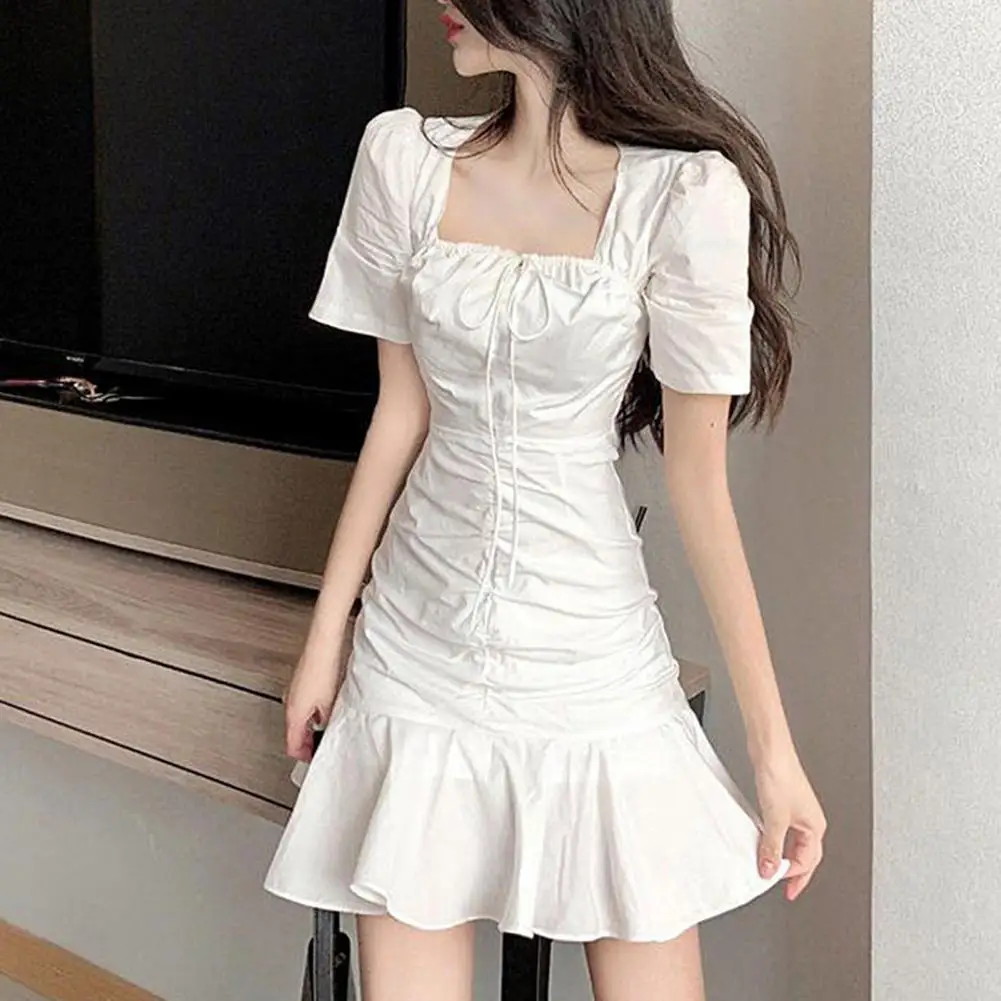 

Casual women dress 2021 Solid Color vestidos vintage ruffles Hem dress Square Neck loose dresses high waist ropa mujer