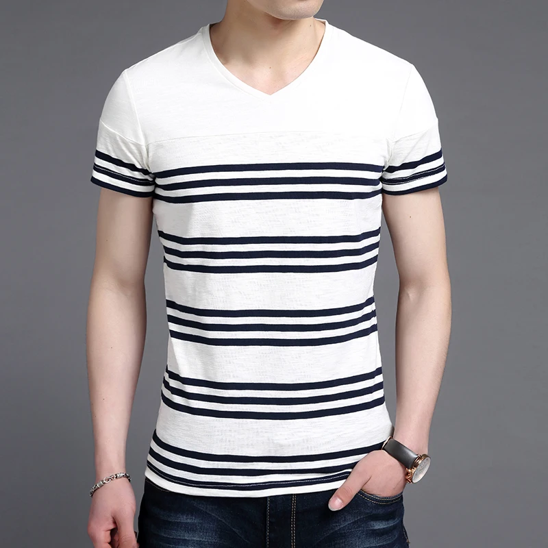 

Top Quality New Summer Brand Tops Striped Plain V Neck Cotton t Shirts For Men Short Sleeve Bulk Casual Fashion Mens Clothing