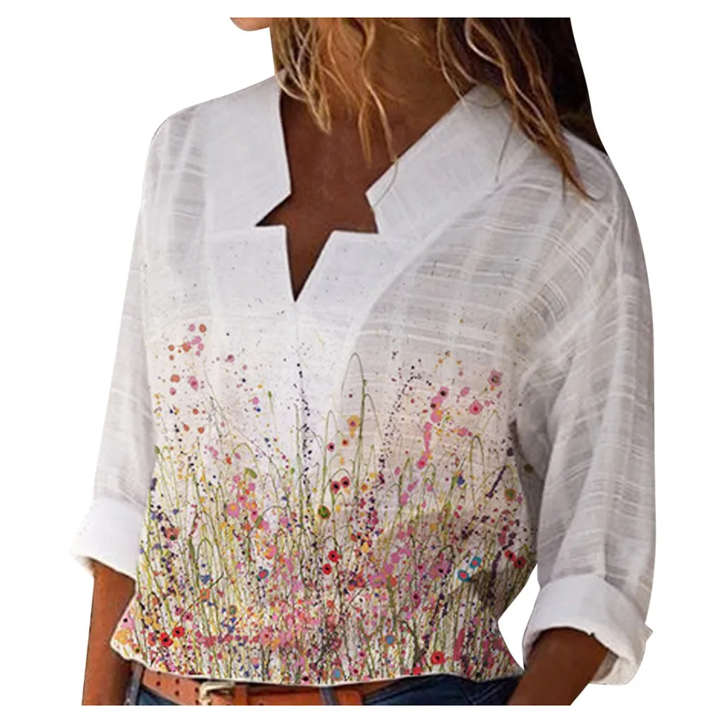 

T-shirt Blouse Tops Linen Casual Cotton Long Fashion Sleeve V Women Neck Women's Blouse Casual Blouse