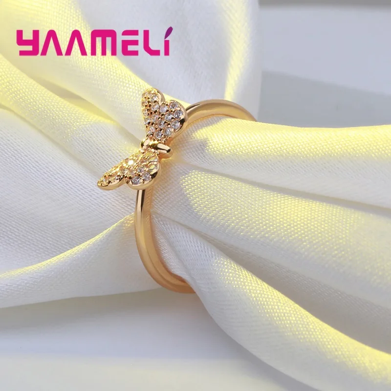 

100% Real Sterling Silver 925 Jewelry Shining Crystal Zircon Ring for Women Fashion Butterfly Party Birthday Gifts Size 4-9