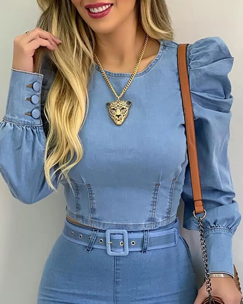 

YICIYA 2020 Fashion Bubble Sleeve Long-Sleeved Casual Summer Blouses Shirts Women Blouse Blue Shirt Solid Color O Neck Sexy