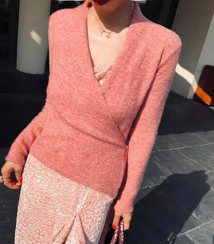 

Latest Women Wool Cashmere Blend Long Sleeve Wrap V Neck Knitted Cardigan Sweater With Side Waist Tie