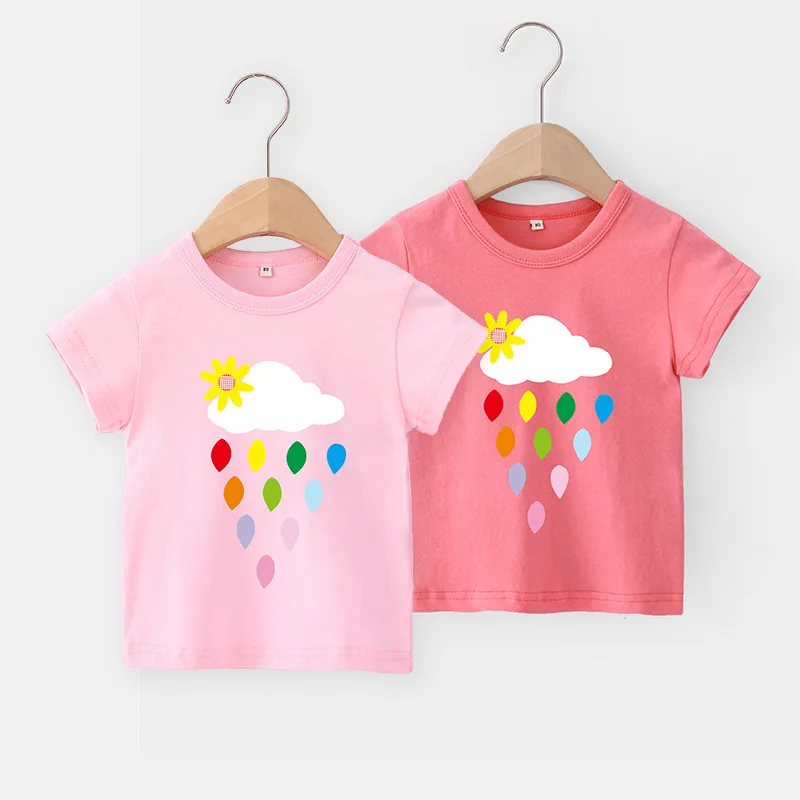 

Летняя футболка с коротким рукавом для девочек, детская одежда с принтом дождя и облаков, Детская Хлопковая одежда, футболка для девочек, ...