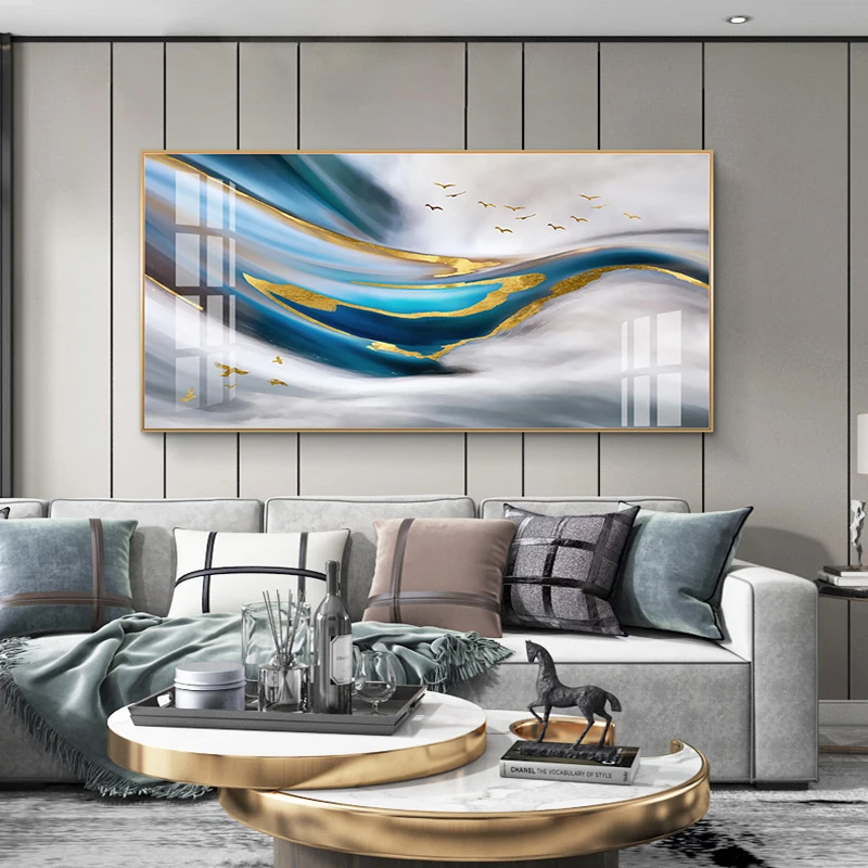 

Modern Blue Bright Gold Foil Abstract Canvas Painting Wall Art Luxury Print and Poster Picture for Living Room Home Decoration