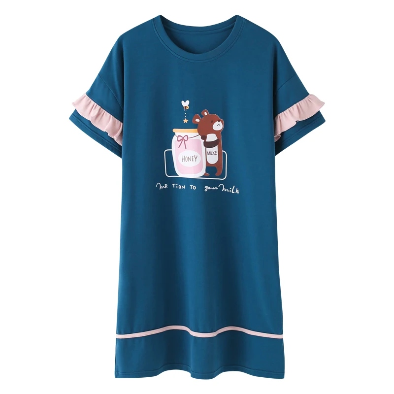

Seeslim Homewear Women Casual Cartoon Nightgown Ladies Cotton Nightdress Female Round Collar Sofe Sleep Dress Women Summer 2021