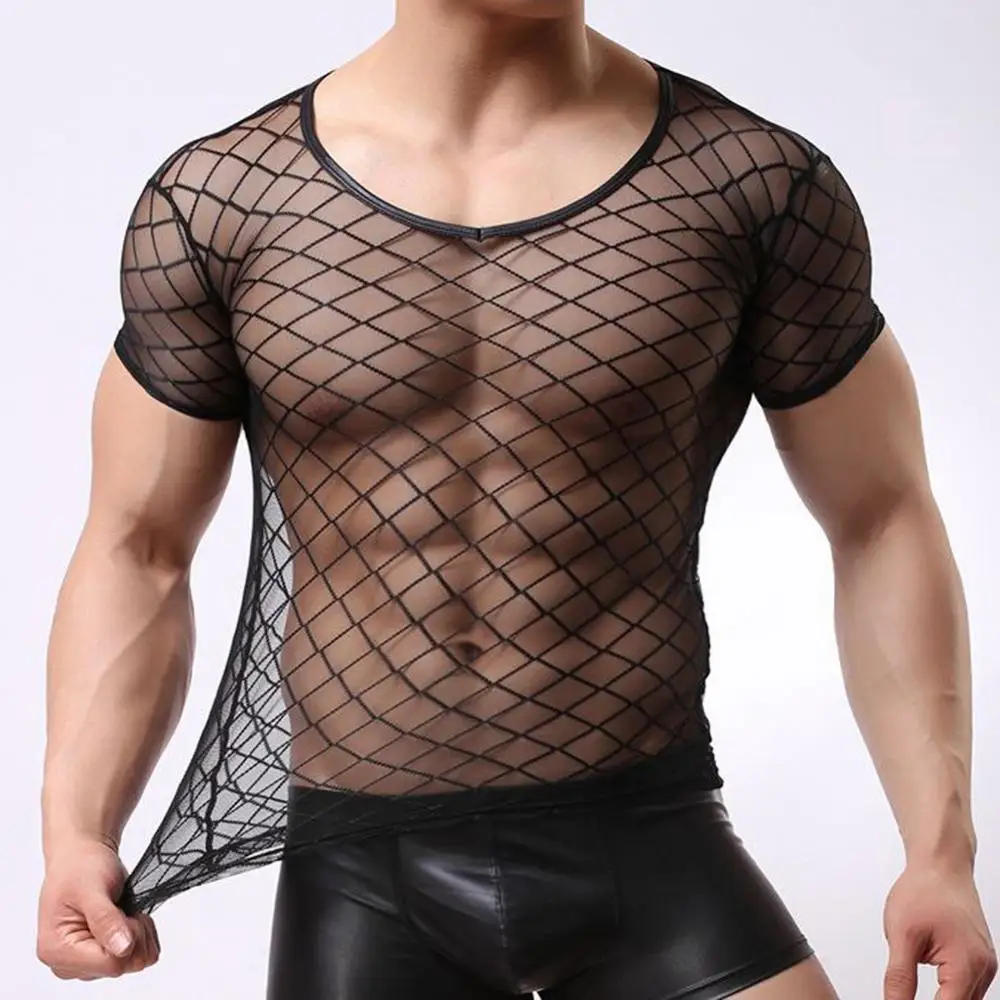 

Night Club Sexy Men Short Sleeve Mesh T-Shirt See-through Slim Fit Openwork Top